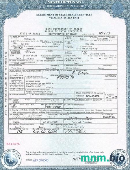 USA Texas state śmierć certyfikat szablon w formacie PSD, fully editable, wersja 2